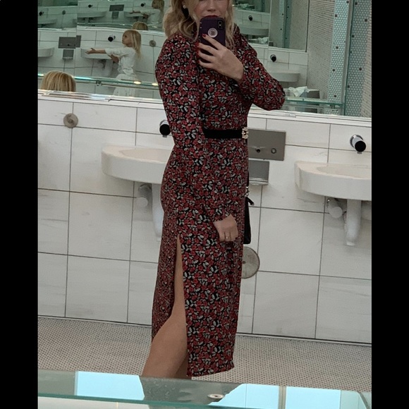 High neck midi dress with high slits in sides. Floral pattern - Picture 2 of 2